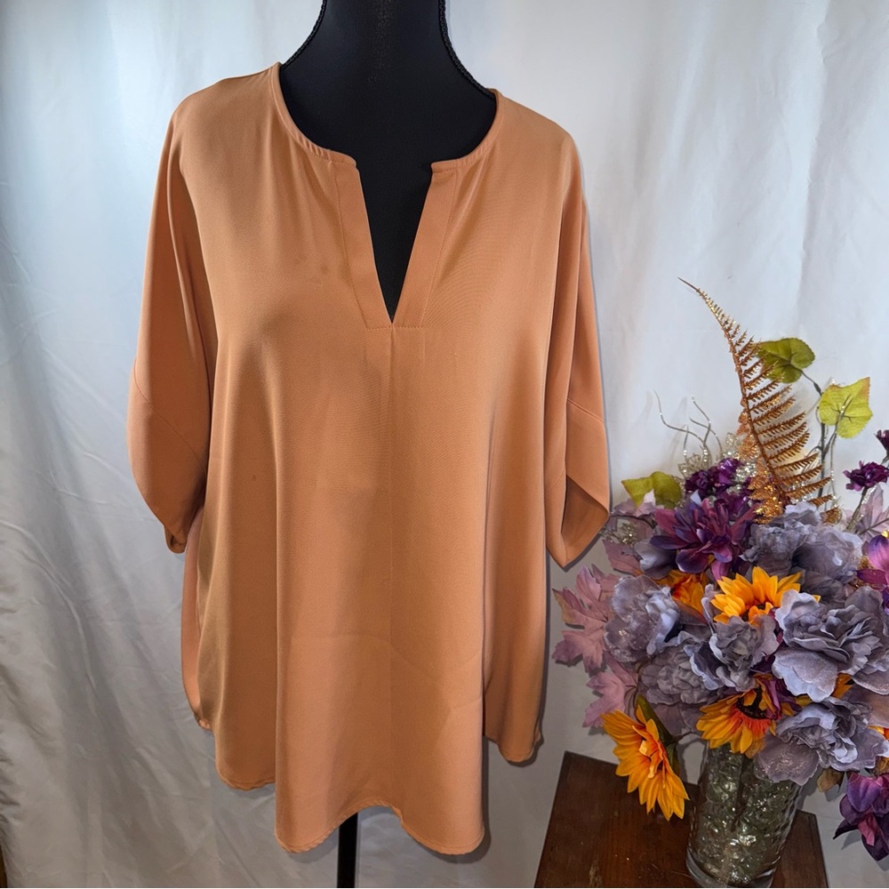 Zenana Peach V Neck Tunic Top XL Relaxed Fit Dolman Sleeve Casual
